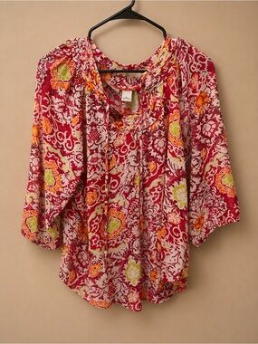 Kim Rogers Red Floral Boho Blouse with Multicolor Print